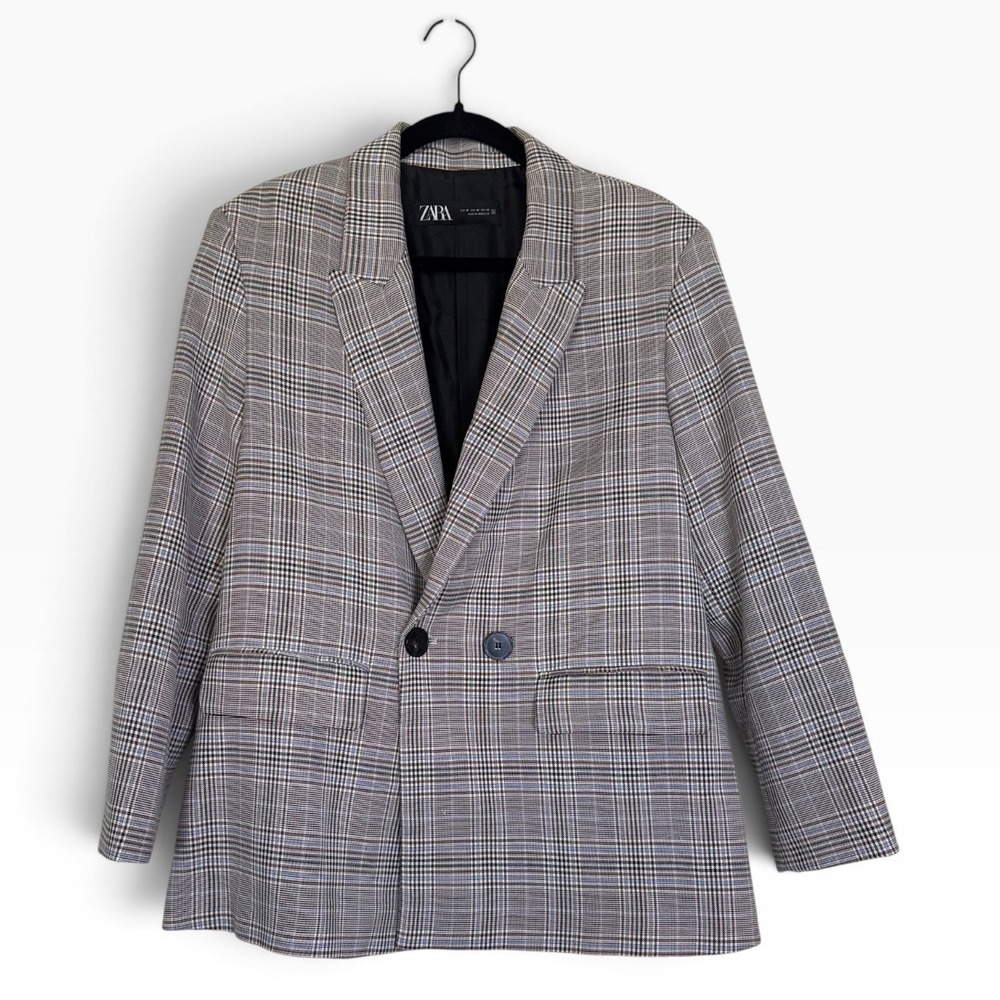 Zara Plaid Double Breasted Oversized Blazer Jacket Grey Blue Size M Work Casual